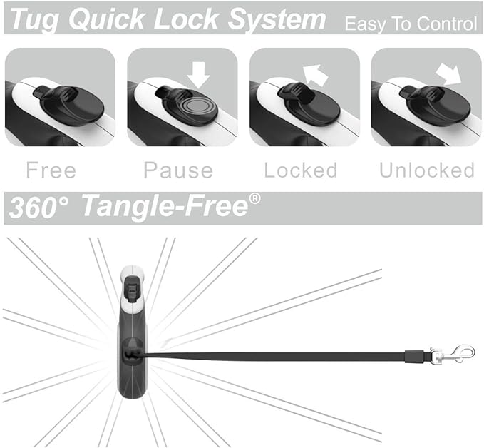 TUG Original Retractable Dog Leash, 16 ft (Medium, White) | 360° Tangle-Free Retraction, 16 ft Tape, Quick Thumb Lock, Anti-Slip Handle, For Dogs Under 55 lbs