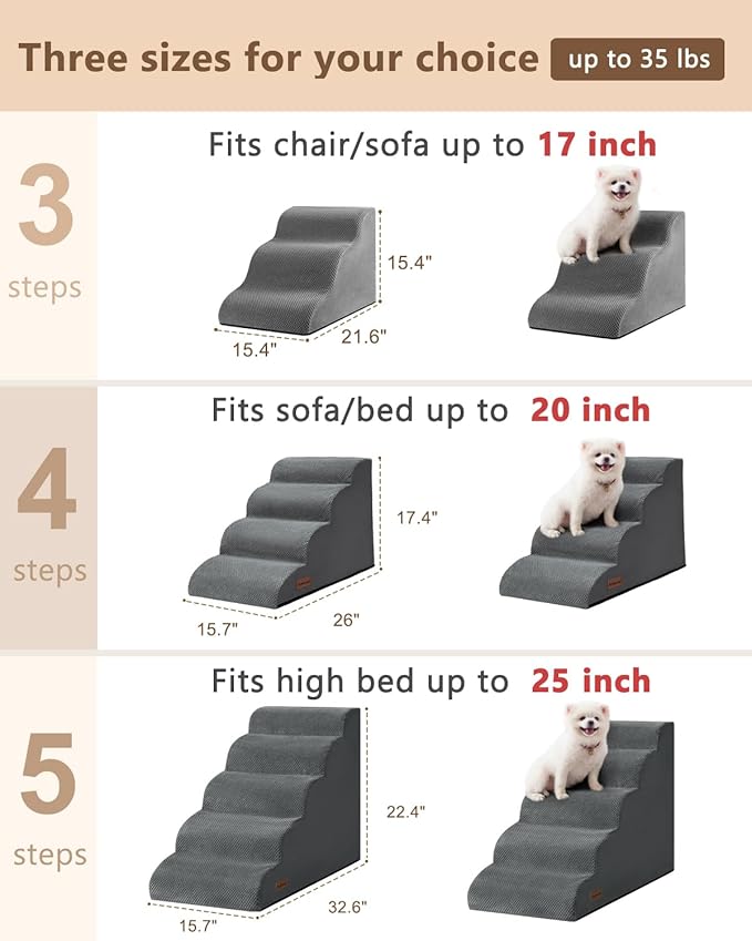 Aodisman Dog Stairs for Small Dogs,3 Step Dog Ramp for Couch and Bed,Pet Stairs with Non-Slip Bottom for Old Cats,Indoor Pet Steps,Comfort,Durable,15.4" H,Grey