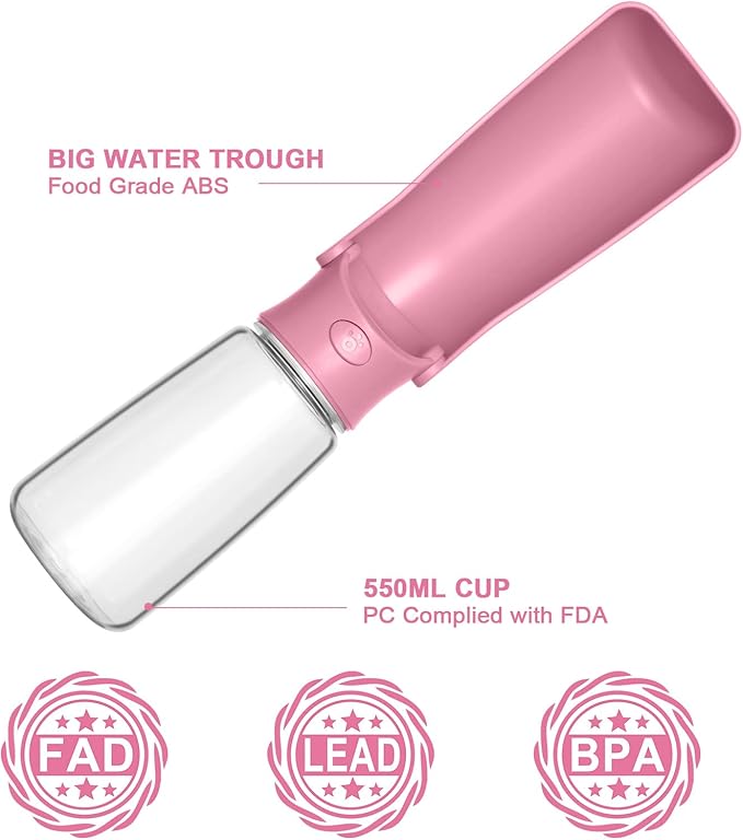 Portable Dog Water Bottle, Foldable, 19oz, Pink