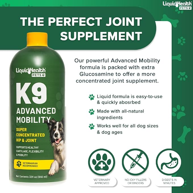 LIQUIDHEALTH Pets K9 Advanced Mobility Liquid Glucosamine Level 5000 for Large Dogs with Chondroitin, MSM, Boswellia Serrata - Dog Hip & Joint Health Vitamins, Pet Joint Oil Juice - USA Made (2 Pack)