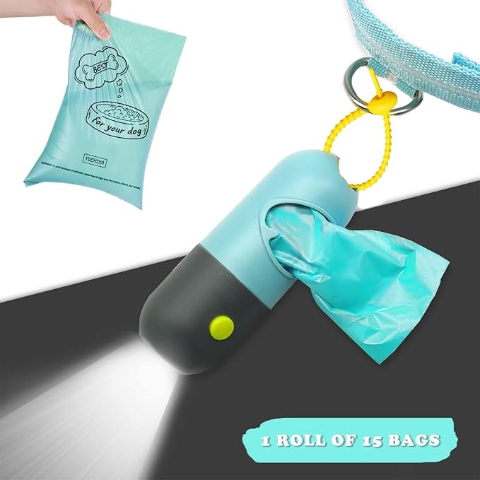 Dog Waste Bags Holder with LED Flashlight Doggie Poop Bags Dispenser with 13 Rolls Blue Leak-Proof Pet Trash Bags and Dog Walking Accessories (Crystal Blue)