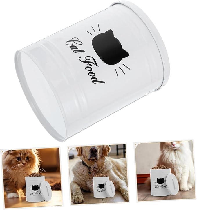 Airtight Dog Food Container Iron Metal Canister for Pet Treats Sealed Cat Food Bucket, Iron, White