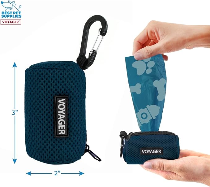 Best Pet Supplies Dog Poop Bag Holder Leash Attachment with 15 Bags, Blue, Reusable Mesh Dispenser Pouch for Travel, Walking, Park, and Outdoor Use, Soft and Durable with Clip-On