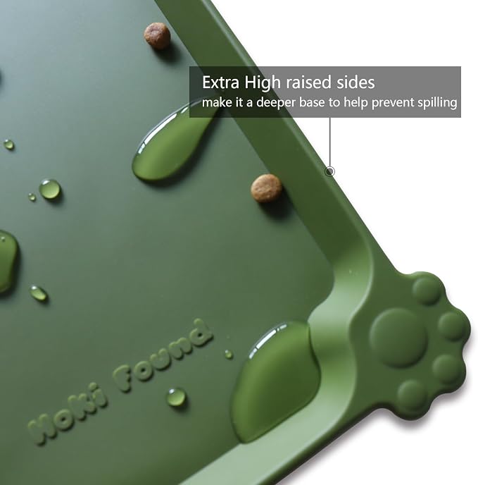 Hoki Found X-Large Silicone Pet Food Mats Tray - Non Slip Dog Cat Bowl Mats Placemat - Pet Feeding Mat - Waterproof Dog Food Mats -Pet Water Mats for Carpet -Dark Olive