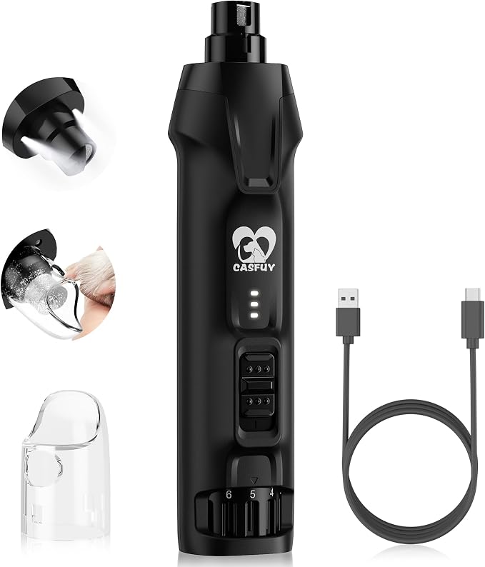 Casfuy 6-Speed Dog Nail Grinder, Dust Cap & 2 LED Lights