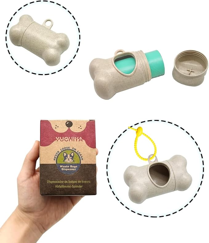 Dog Poop Pickup Bags Holder Dispenser with 1 Roll Random Color Leak-proof Scented Doggy Waste Bags and Carabiner with Safety Lock Plus Hook and Loop Fastener Never Loose on Leash Lead Again (Beige)