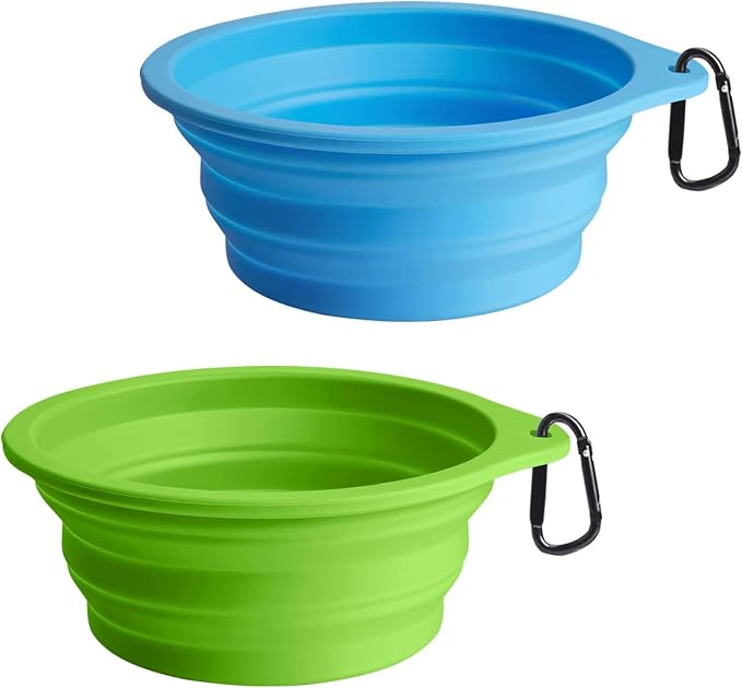 PetBonus Large Collapsible Dog Bowls, 2 Pack, 34oz, Light Blue & Green