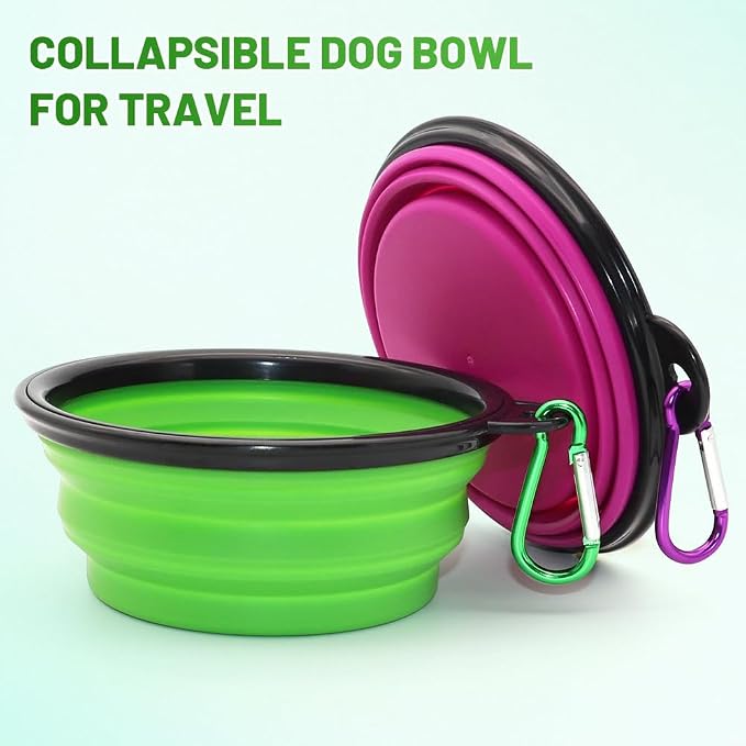 Dog Bowl Collapsible, 2 Pack, with Carabiners, Small, Green+Purple