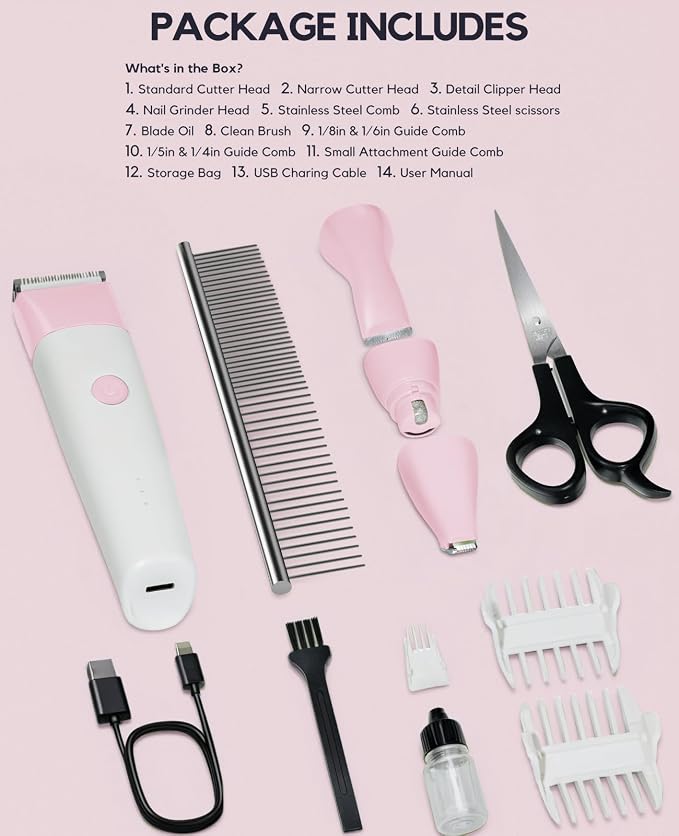 4-in-1 Dog Clippers Grooming Kit - Paw Trimmer & Nail Grinder, Pink