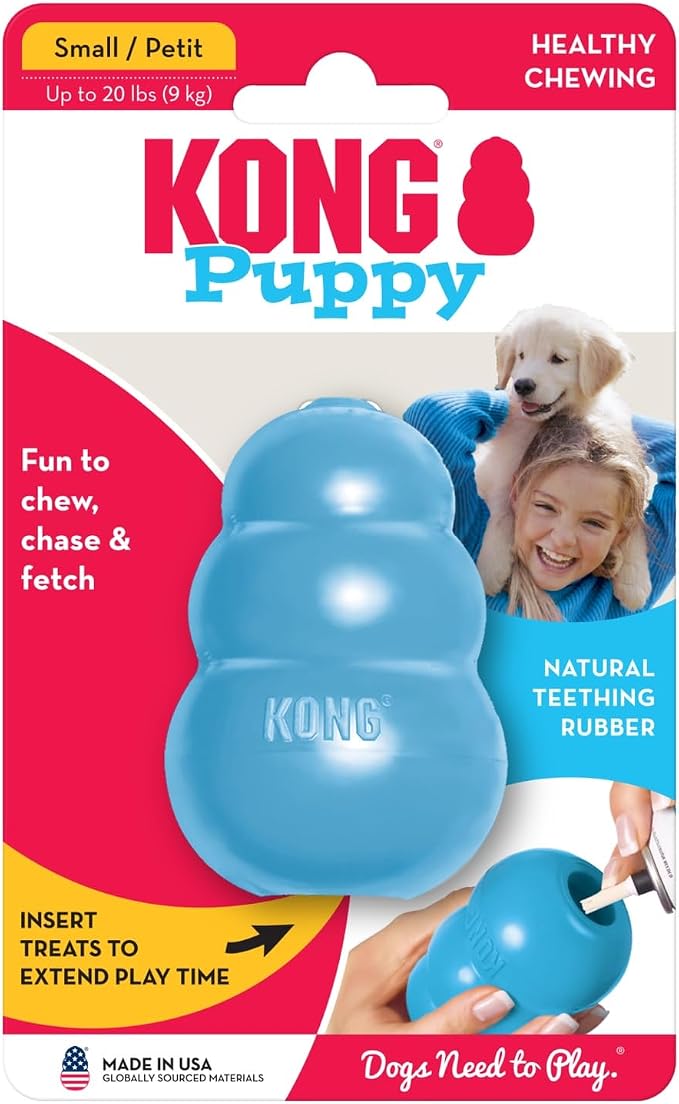 KONG Puppy, Natural Rubber Teething Chew Toy, for Small Puppies, Blue | Gentle Natural Teething Rubber Toy, Stuffable for Treats & Built for Chewing & Fetch with Growing Puppies