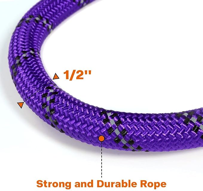 Taglory Rope Dog Leash for Medium Large Dogs, 4 FT Padded Handle, Purple | Climbing Rope for Strong Pullers, Reflective for Night Walks and Training, Comfortable Grip, Anti-tangle Swivel Clip 1/2 inch