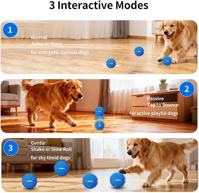 Smart Interactive Dog Toy Ball - Automatic Moving Bouncing Rolling Ball with 3 Modes & RGB Lights, Durable E-TPU Motion Activated Dog Toys for Small Medium Dogs, Keep Busy & Boredom Relief (Blue)