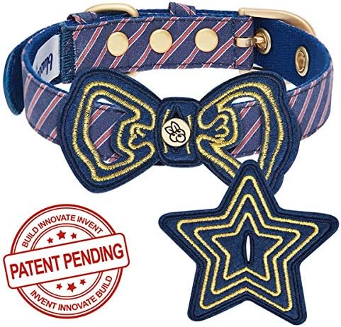 Blueberry Pet Adjustable Dog Collar with Metal Buckle and 2 Detachable Bowtie - Blue Asymmetric Stripe, Neck 13-16.5", for Medium Breed