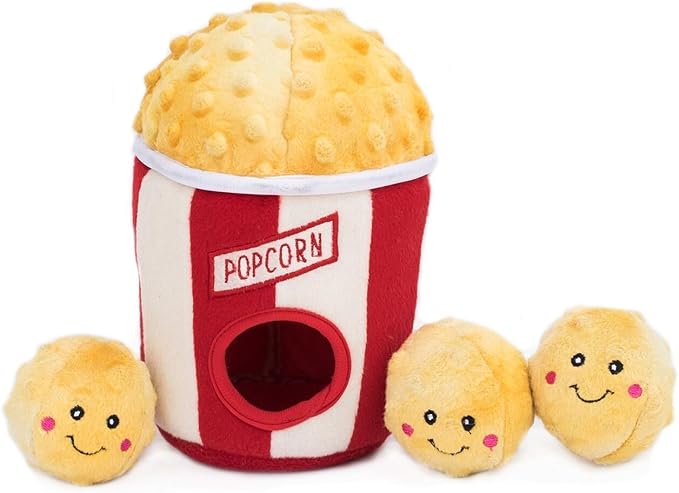 ZippyPaws Burrow Interactive Dog & Puppy Toys for Boredom - Popcorn Bucket | Stimulating Pet Products to Keep them Busy, Hide & Seek Plush Puzzles, Squeaky Toy for Enrichment