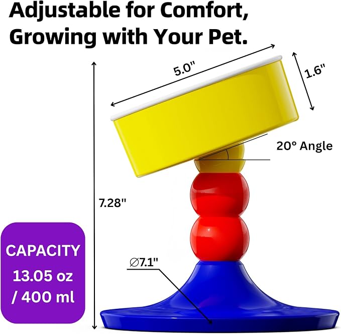 Elevated Raised Cat Pet Bowls - 15°Tilted 3 Heights Adjustable Indoor Cats Food Dish Stand, Cute Pet Water Feeder Ceramic Bowl, Neck Whisker Friendly & Anti-Vomiting Non Slip Kitten Puppy Supplies