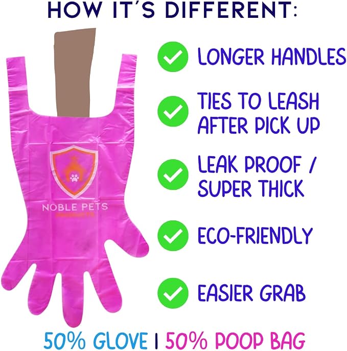 Noble Pets Dog Gloves - 8+ Ways to Use Them| Leak Proof | Extra Long Tie Handles | Eco-Friendly (Pink, 80 gloves)