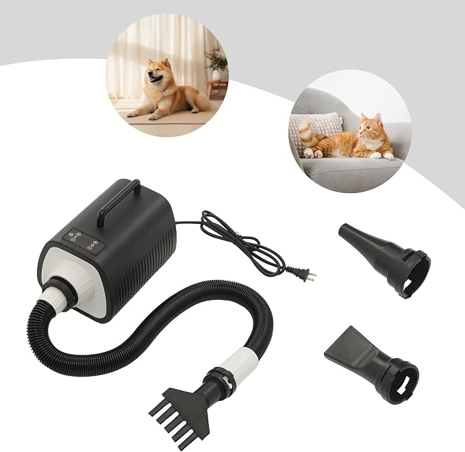 Pet Hair Dryer 2100W Adjustable Speed Temperature for Dogs Cats Home Use | Adjustable 1-9 speed/temperature – 2100W motor, 120000rpm – ABS housing – insulated handle – overheat protection – 3 nozzles