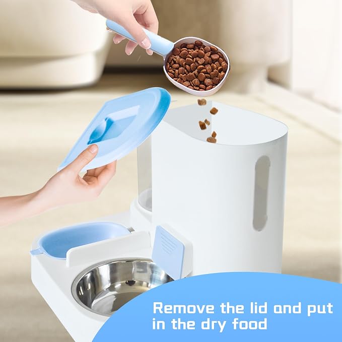 Automatic Cat Food and Water Dispenser Set 2 in 1, 2 in, Stainless Steel, Blue