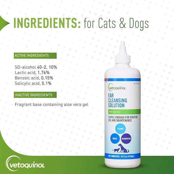 Vetoquinol Ear Cleansing Solution for Dogs and Cats, 16 oz