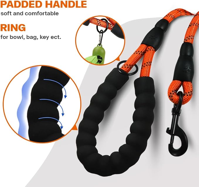 Taglory Rope Dog Leash for Medium Large Dogs, 4 FT Padded Handle, Orange | Climbing Rope for Strong Pullers, Reflective for Night Walks and Training, Comfortable Grip, Anti-tangle Swivel Clip 1/2 inch
