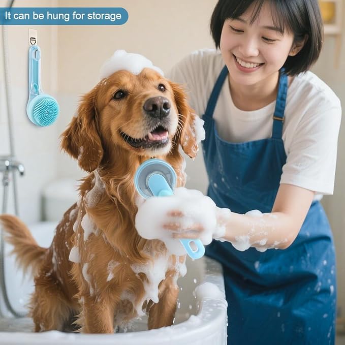 Pet Bath Brush, 2 in 1 Dog Bath Brush with Built-in Shampoo Dispenser, Pet Wash Brush with Double Head Toothbrush, Grooming Massage Brush for Dogs & Cats