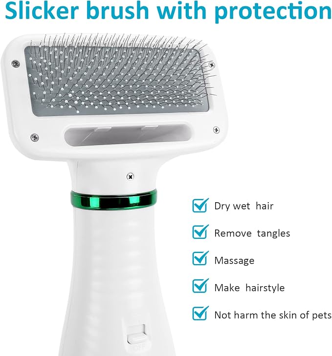 Dog Hair Dryer,2 in 1 Pet Hair Dryer with Slicker Brush,Dog Blow Dryer with 2 Adjustable Heat Setting Dogs Bath Brush for Grooming Small Medium Dogs Cats