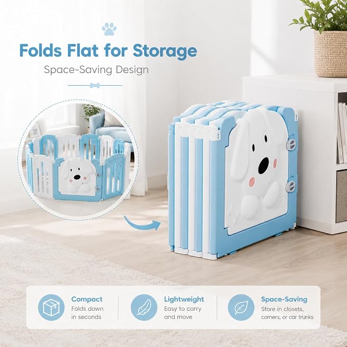 Puppy Play Pen for Indoors, Foldable Puppy Playpen With Cute Dog Shape Door, Puppy Playpen for Indoor Small Dogs, 25.5" H 10-Panel Adjustable Puppy Craten for Living Room and Bedroom(Blue&White)