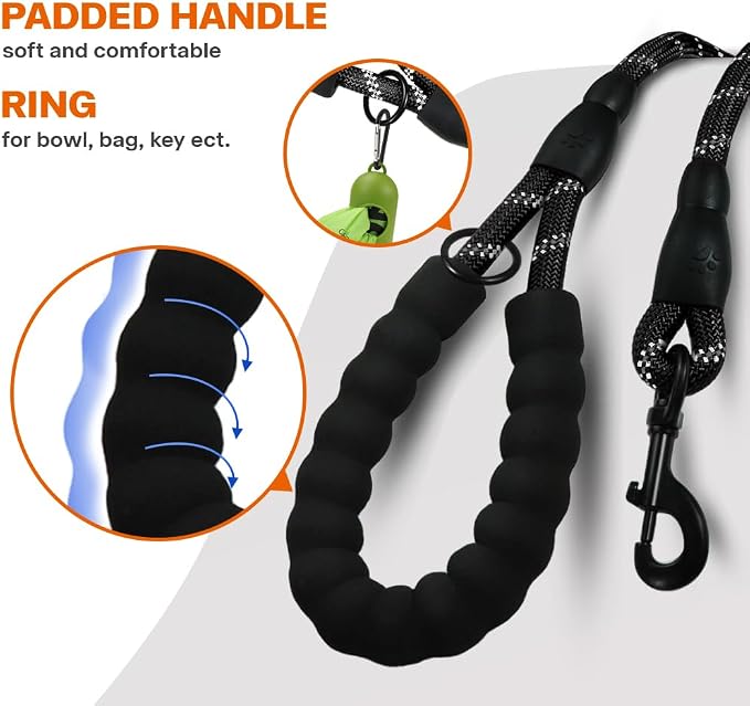 Taglory 30FT & 6FT Dog Leash Set, Reflective, Swivel Hooks, Nylon, Black, Small to Large Dogs