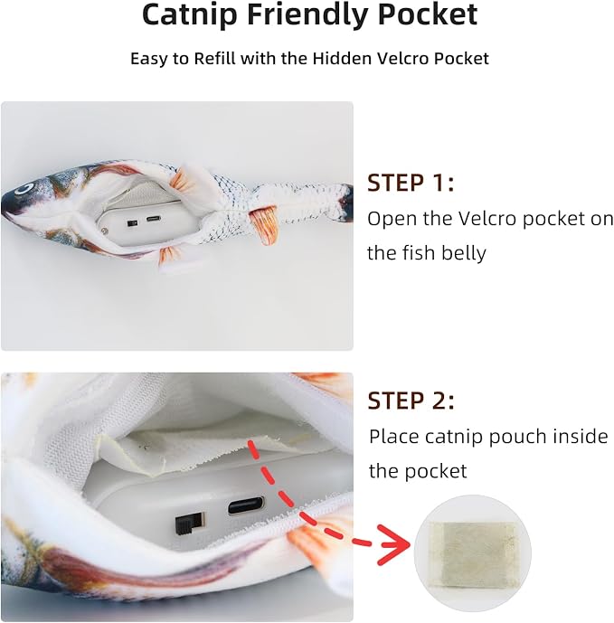 3 Pack Flopping Fish Cat Toy, Interactive Plush Cat Kicker Toy with Catnip Pocket, USB Rechargeable Wiggle Fish Set(Carp+Clownfish+Mackerel) for Indoor Kitten & Small Dogs, 3 Assorted Sizes