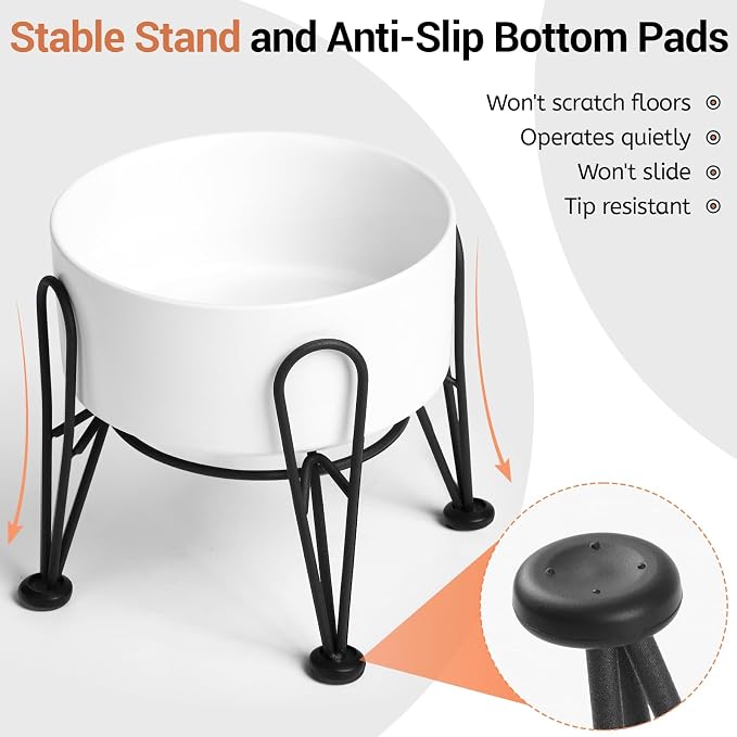 Elevated Dog Bowl, Ceramic Raised Dog Bowl with Anti-Slip and Non-Tip Metal Stand, 1 Pack Pet Food and Water Feeding Bowls for Small and Medium Dogs (White,3.6 Cups)