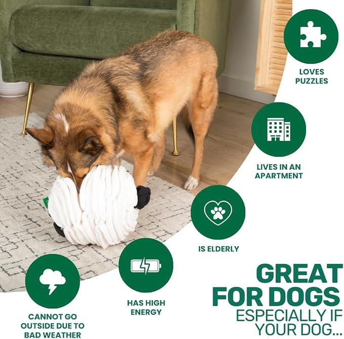 Snuffle Ball, Interactive Plush Enrichment Toy, Treat-Dispensing Puzzle for Dogs, Nosework Sheep Toy, Soft & Washable, Not for Children