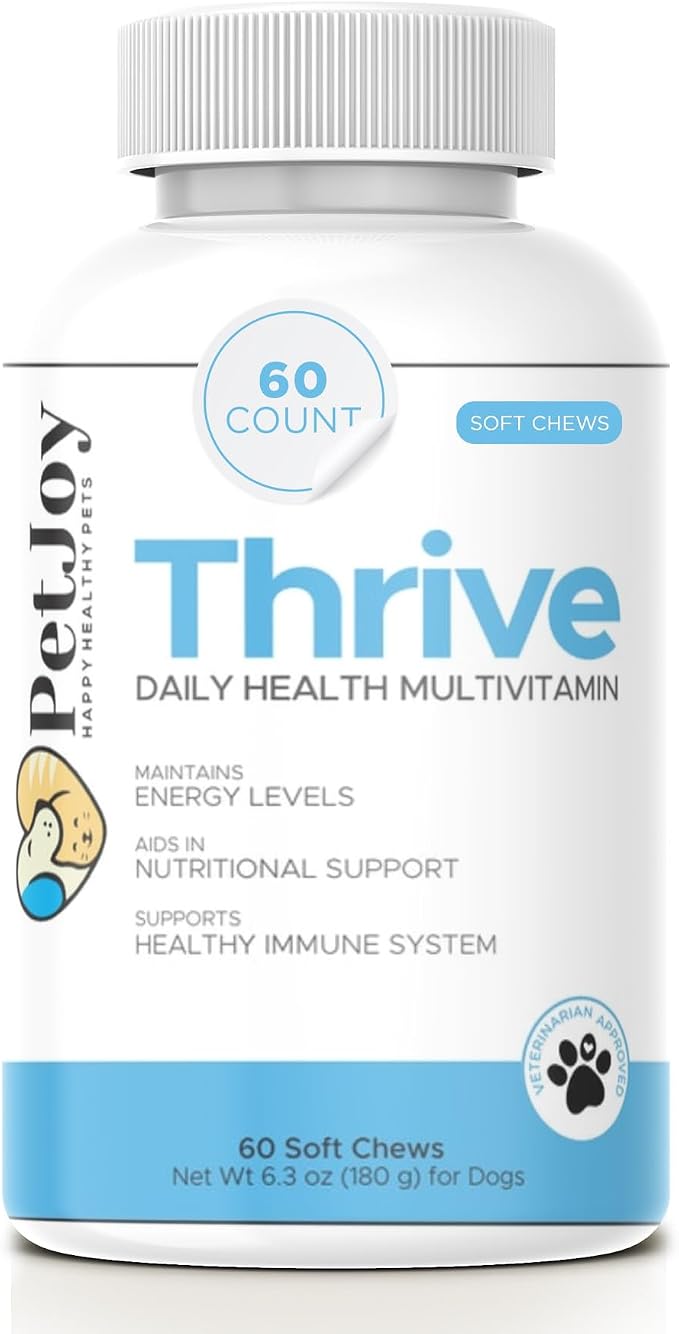 PetJoy Thrive Dog Multivitamin Soft Chew - Daily Dog Vitamins for Energy, Healthy Skin & Coat, and Stronger Bones & Teeth - Complete Support Supplement, Multivitamin for Dogs & Pets (60 Count)