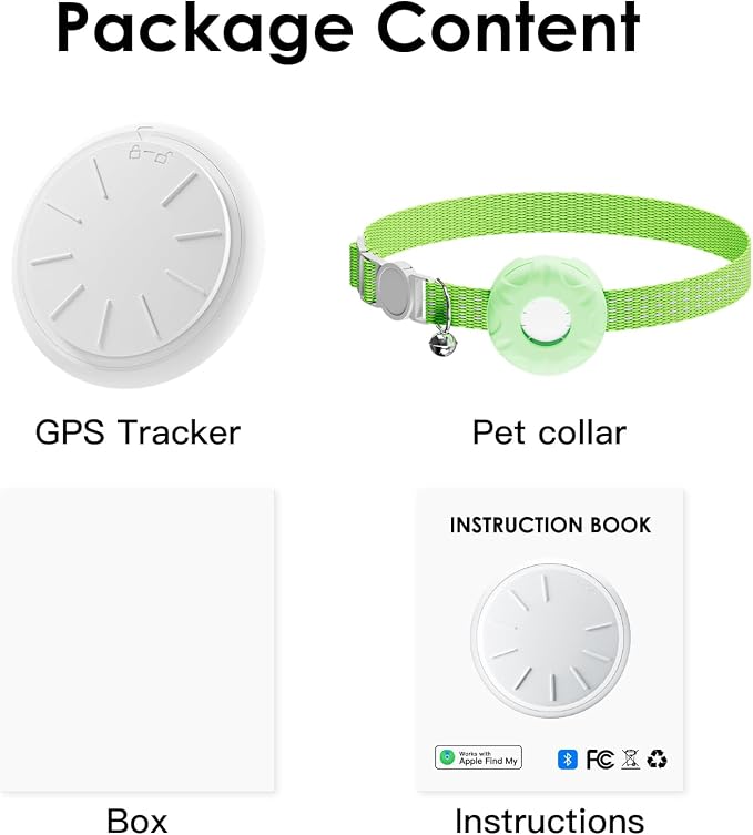 Smart Cat GPS Tracker, Cat GPS Tracker Compatible with Apple Find My App (Only iOS), No Monthly Fee, Waterproof (White Tracker, Green Cat Collar)