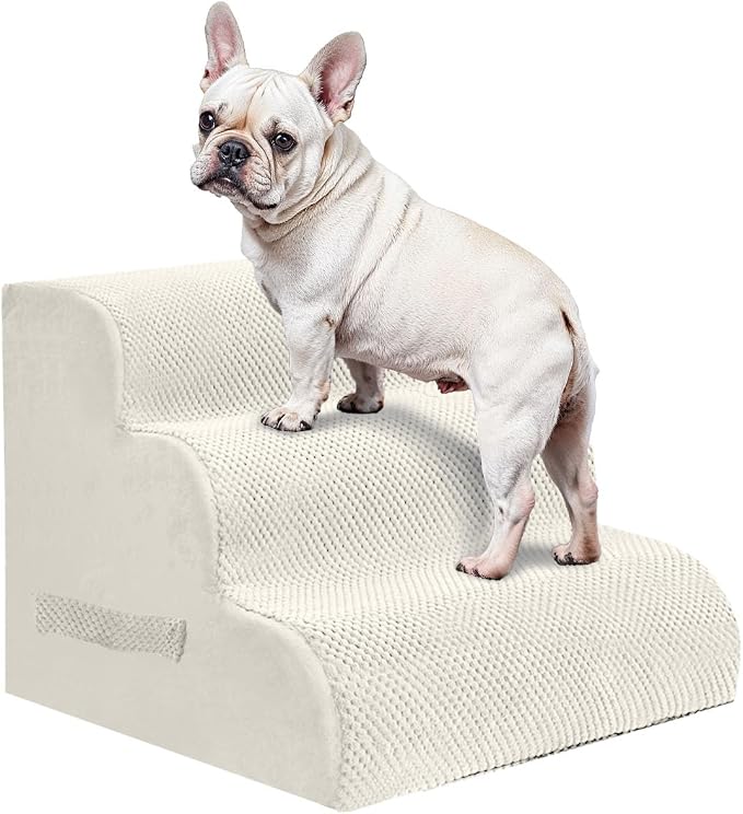 PAWSCRAT Pet Stairs for Dogs 3-Step, 15.7" H Pet Stairs for High Bed, Couch Sofa & Chair, 30D Material Soft Foam Dog Steps with Non-Slip Bottom Surface Removable Washable Cover, Beige