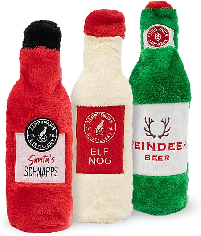 ZippyPaws Happy Hour Crusherz for Small Medium & Large Dogs, Holiday 3-Pack | Interactive Dog Toys to Keep Them Busy, Squeaky Plush Toy for All Breeds, Drink Themed Crinkle Water Bottle Toy