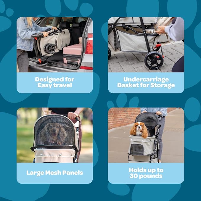 Carlson Pet Stroller - Khaki, 360° Swivel Wheel