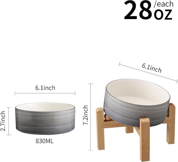 Elevated/Raised 15°Tilted Anti Slip Ceramic Dog Bowl for Small/Medium Breeds,Slanted Bulldog Big Face Pet Food Water Feeding Dish with Stand for Cats and Dogs (3.6 Cups/28 OZ) Grey White