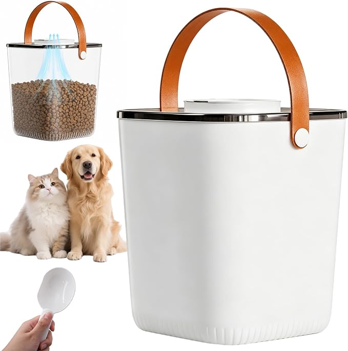 13L Smart Vacuum Pet Food Storage Container, Airtight with One-Touch Sealing, 5.5-7.5kg Large Capacity, White, with Handle and Scoop