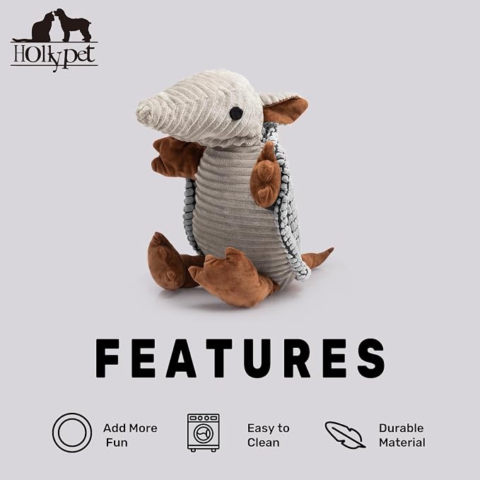 Hollypet Armadillo Squeaky Dog Toys for Medium Large Dogs, 14" | plush stuffed large dog squeak animal toy with unique grunt squeaker textured fabric for teeth cleaning toys