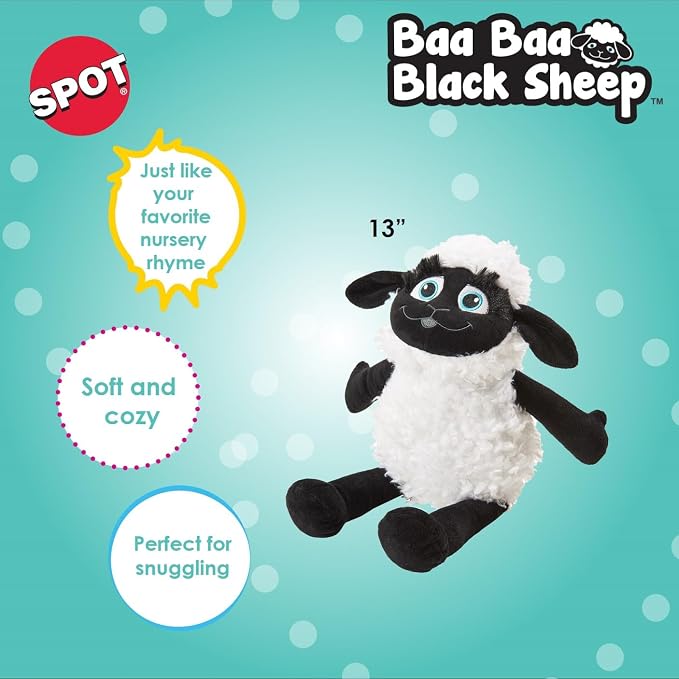 SPOT Baa Baa Black Sheep Plush Dog Toy - Cute and Cuddly Fleece Toy with Squeaker for Medium to Large Dogs and Puppies, 13in Black and White Lamb