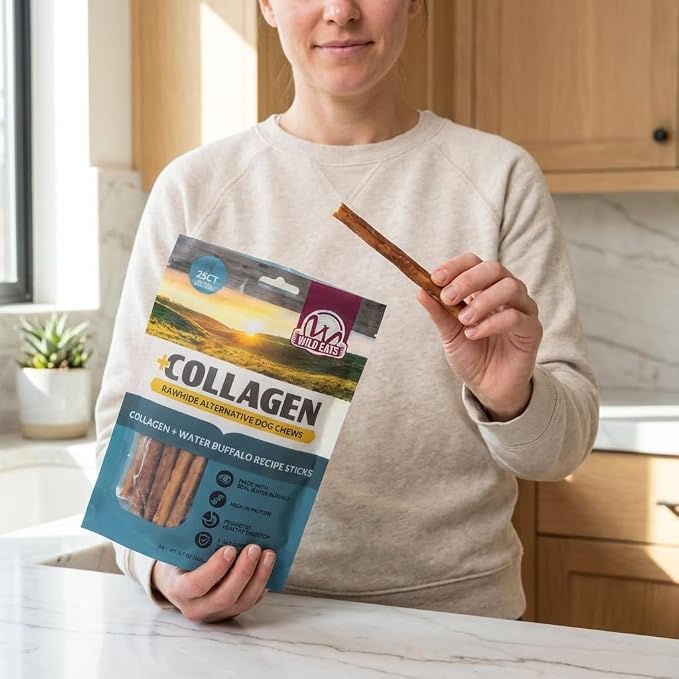 Wild Eats Water Buffalo Collagen Sticks for Dogs (25 Pack, 0.6 cm Wide) Long Lasting Dog Chews, No Hide Dog Treat Bully Stick Alternative, Rawhide Free, Grain Free, High Protein