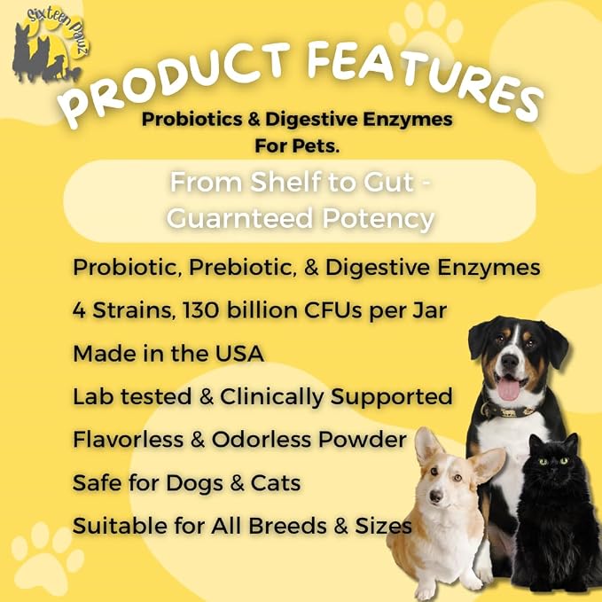Dog & Cat Probiotics, Prebiotics, & Digestive Enzymes – Flavorless Powder for Gut Health, Allergies, Itchy Skin, Gas & Diarrhea – Organic, Vet-Approved – 65g Bottle (Up to 65 Servings)