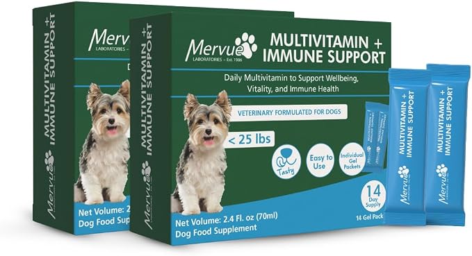 Mervue Multivitamin + Immune Support for Dogs (28 Day Supply) | Pre-Measured Small Dog Vitamins in Gel Packets – Multivitamin for Dogs w/Beta-Glucans & Vitamin C for Energy & Healthy Coat