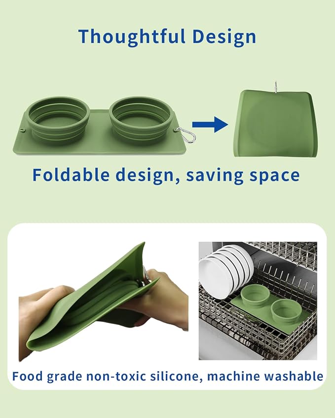 Collapsible Portable 2-in-1 Dog Bowl with Carabiner, Green