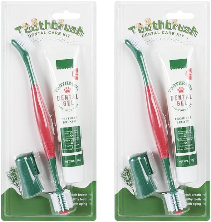 ITODA 3-Piece Dog Toothbrush Kit, 2 Pack Tooth Brushing Pet Cat Teeth Cleaning Oral Dental Care Fresh Breath Brush Set with Toothbrush Toothpaste Fingerbrush for Puppy Small Medium Dogs - Beef Flavor