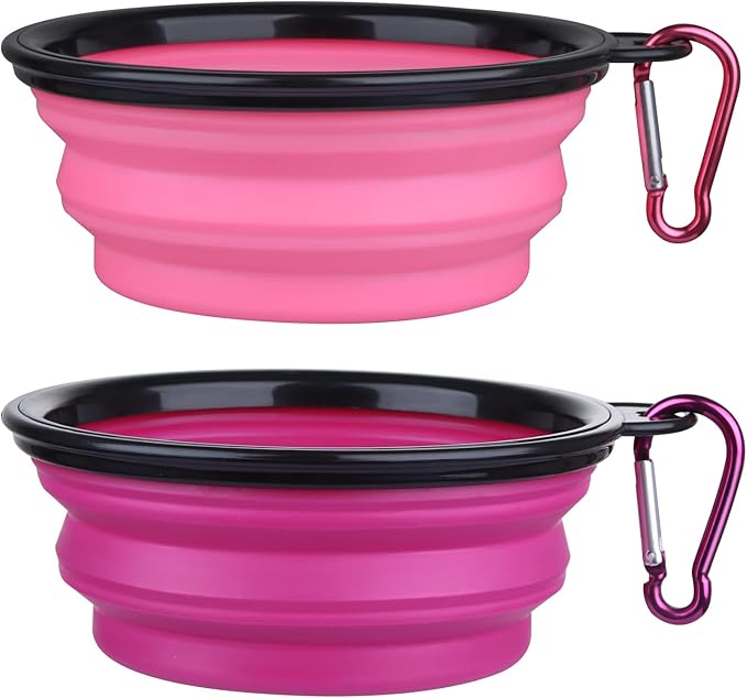 Dog Bowl Collapsible, 2 Pack, with Carabiners, Small, Pink+Purple