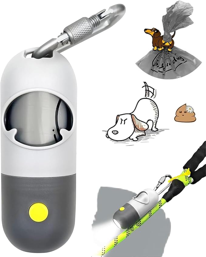 Dog Poop Bag Holder with LED Flashlight for Night Walks,Silicone Tether & Dachshund Pattern Clip for Used Bags,Hands-Free Metal Leash Carabiner,15 Scented Waste Bags(Light Grey)
