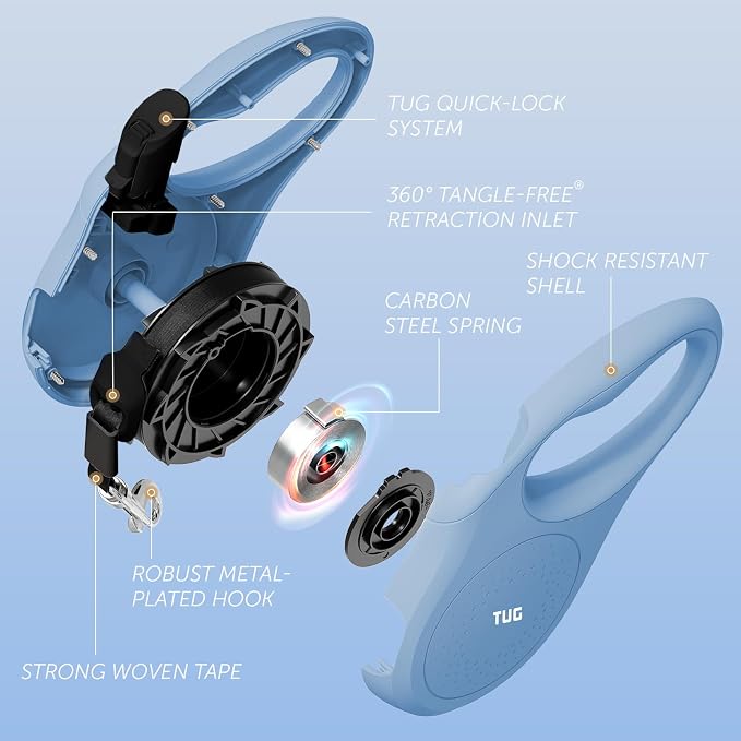 TUG Quest Retractable Dog Leash | 360° Tangle-Free | 16 ft Tape (L, Blue)