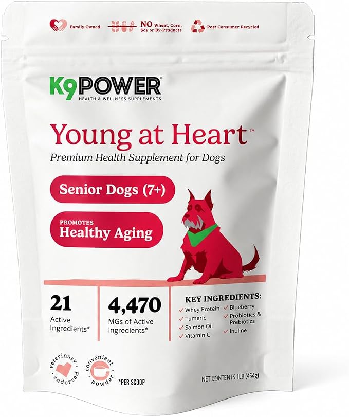 K9Power Young at Heart – Senior Dog Supplement for Longevity & Vitality – Supports Joints, Brain, Heart, Digestion, Skin & Energy – Amino Acids, Vitamins, Minerals, CoQ10, Omega 3s, Turmeric