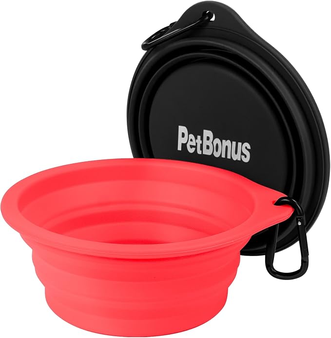 PetBonus Collapsible Dog Bowls, 2 Pack, Black, Red